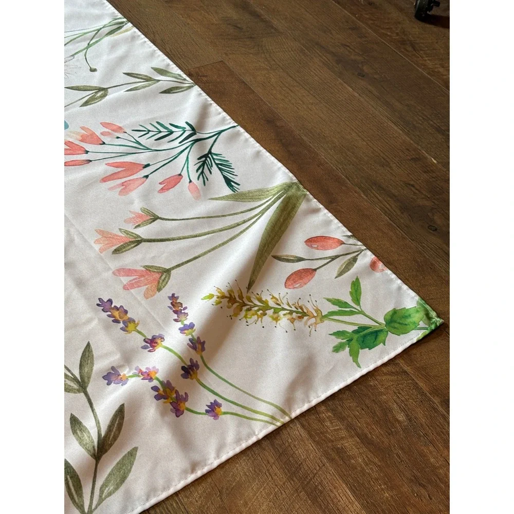 Wildflower Botanical Print White Satin Rectangular Tablecloth Floral Cottagecore